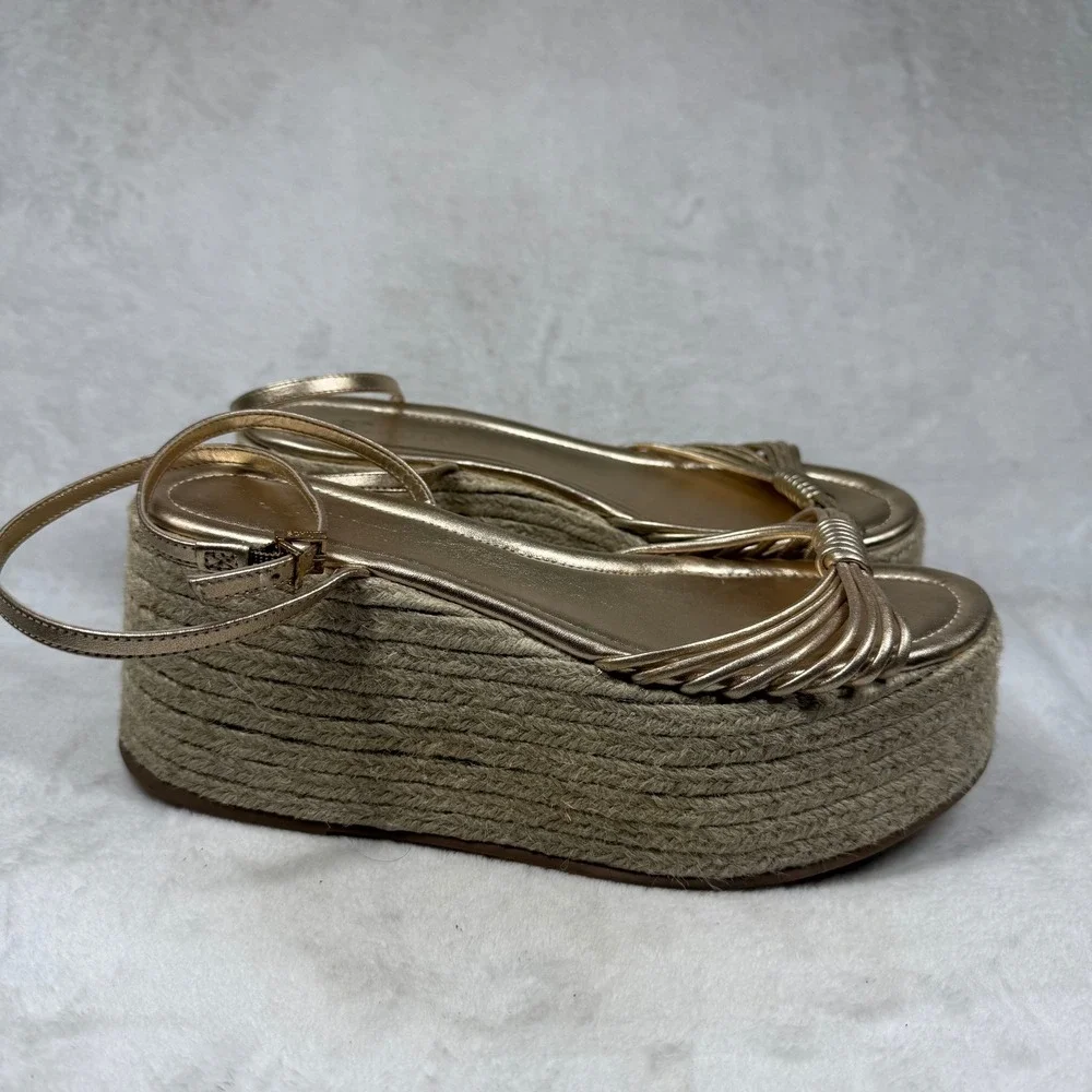 Schutz Gold Metallic Strappy Espadrille Platform Sandals Ankle Strap Flatform 8